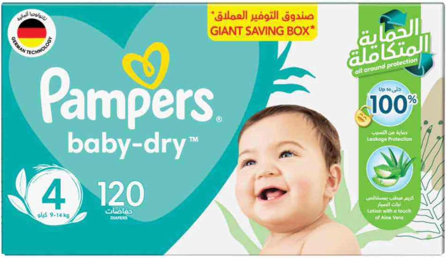 Pampers Baby-Dry Taped Diapers with Aloe Vera Lotion, up to 100% Leakage Protection, Size 4, 9-14kg, 240 Count