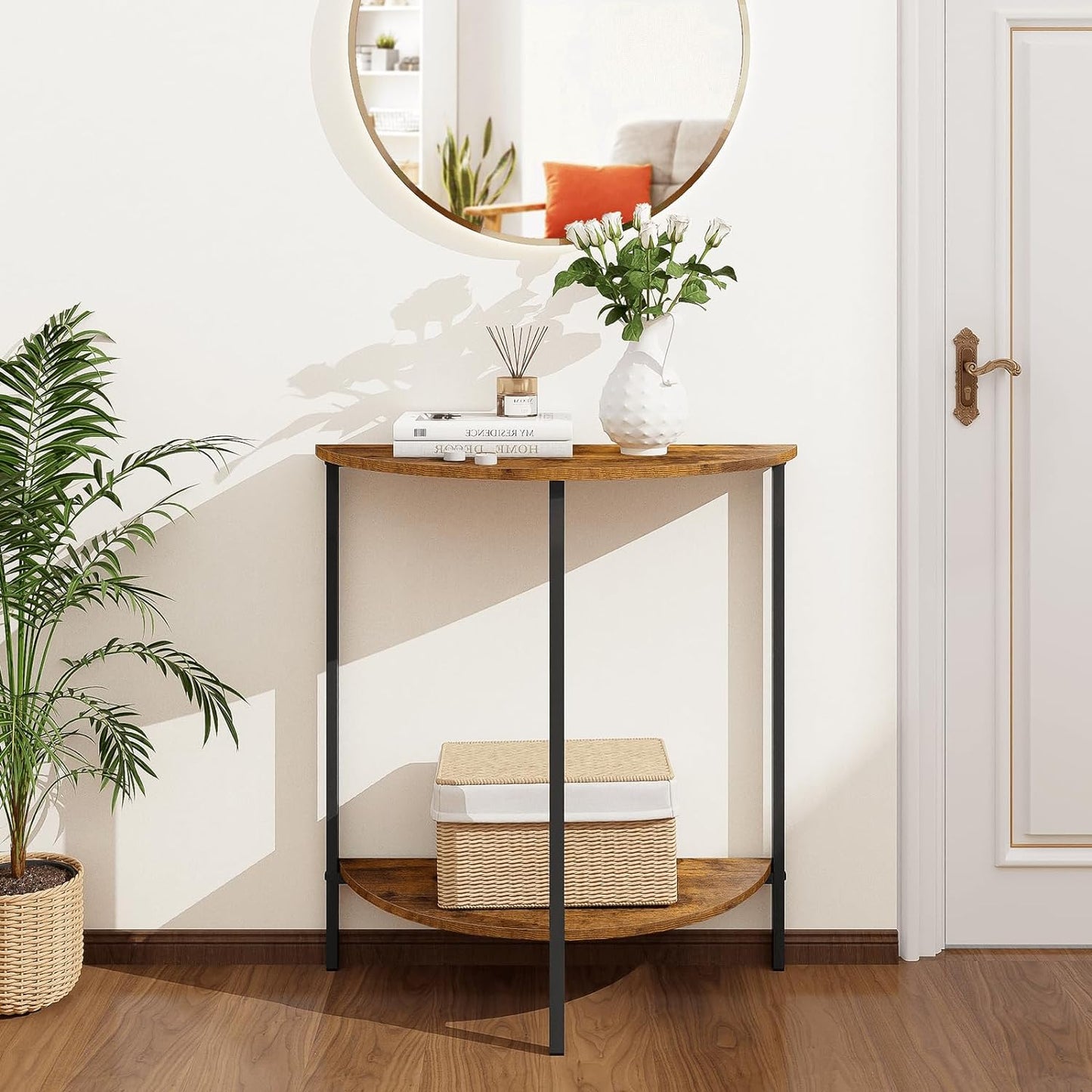 Homode Half Moon Table, Small Entryway Table, Half Round Entry Table, Narrow Half Circle Console Tables for Small Spaces, Hallway, Wood Front Entrance Table, Rustic Brown and Black