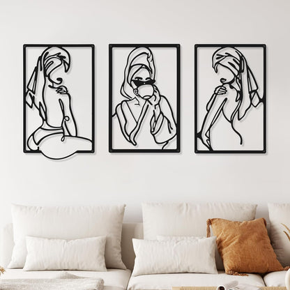 CHENGU 3 Pieces Metal Minimalist Abstract Woman Wall Art Line Drawing Wall Art Decor Single Line Female Home Hanging Wall Art Decor for Kitchen Bathroom Living Room (Black, Hand)