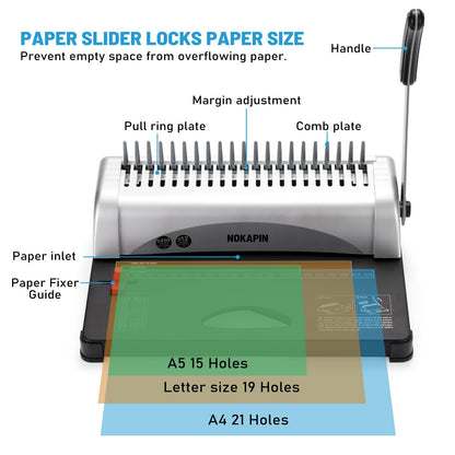 Binding Machine,Book Binder Machine 21-Holes, 450 Sheets,Comb Binding Machine with Starter Kit 100 PCS 3/8'' Comb Binding Spines,Spiral Binding Machine for Letter Size, A4, A5 or Smaller Sizes