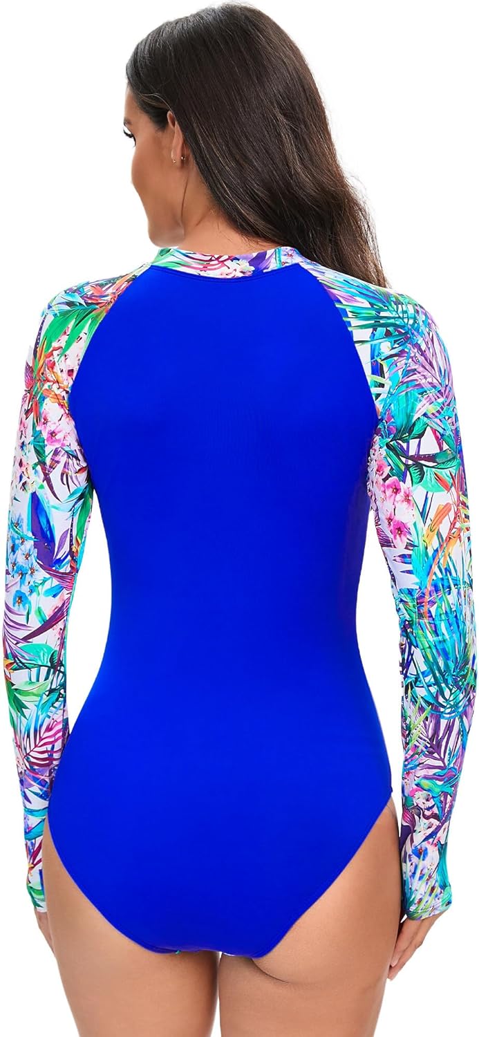 Maeau Women's Long Sleeve Rash Guard UV Protection Zipper Printed Surfing One Piece Swimsuit Bathing Suit