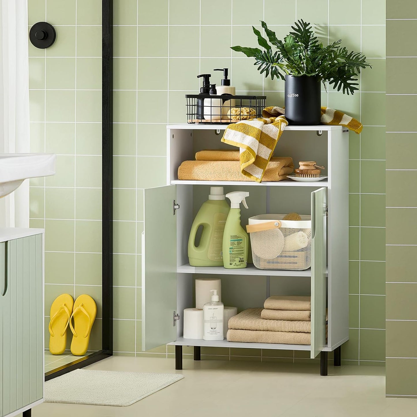 SoBuy (UAE STOCK) BZR137-GR Bathroom Tall Cabinet Bathroom Storage Cabinet with Laundry Basket White and Light Green W31 x D30 x H167cm (basin cabinet)