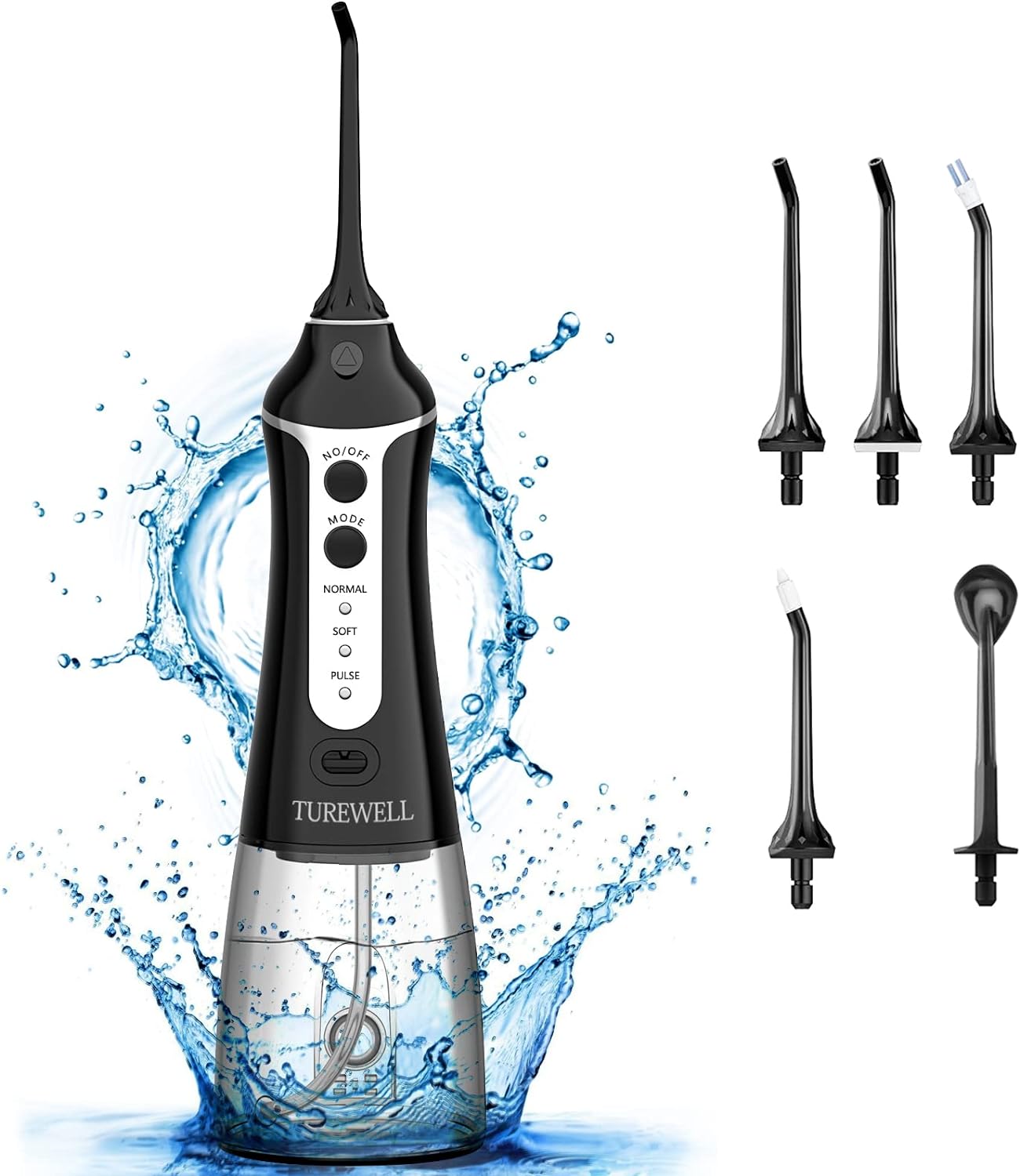 Water Flosser Cordless Dental Oral Irrigator - TUREWELL 300ML Portable and Rechargeable IPX7 Waterproof Teeth Cleaner, 2 Minutes Auto Shut-Off for Travel & Family Use