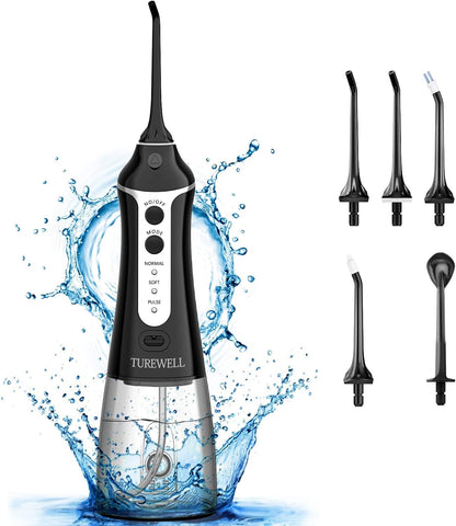 Water Flosser Cordless Dental Oral Irrigator - TUREWELL 300ML Portable and Rechargeable IPX7 Waterproof Teeth Cleaner, 2 Minutes Auto Shut-Off for Travel & Family Use