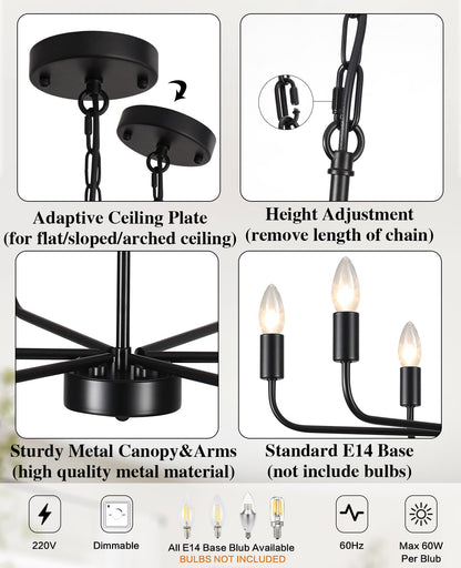 MRHYSWD Black Chandeliers Ceiling Lights Living Room, 6 Lights Pendant Light Fitting Industrial Ceiling Lighting for Kitchen Dining Room Bedroom Hall, Height Adjustable, E14 Bulbs (Exclude)