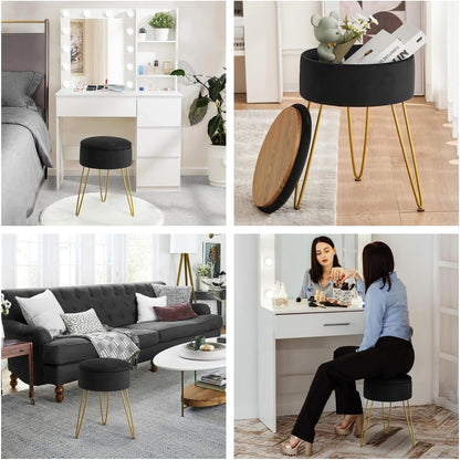 Round Velvet Storage Foot Stool,Multifunctional Vanity Stools,Upholstered Round Storage Ottomans Multipurpose,Ottoman Footrest Stool with Metal Legs For Living Room,Bedroom(Black)