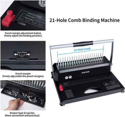 TIANSE Binding Machines, 21-Holes, 450 Sheets, Comb Bind Machine Book Maker with 100 PCS 3/8'' Comb Binder Spines Starter Kit, Comb Binding Machine for Letter Size, A4, A5 or Smaller Sizes