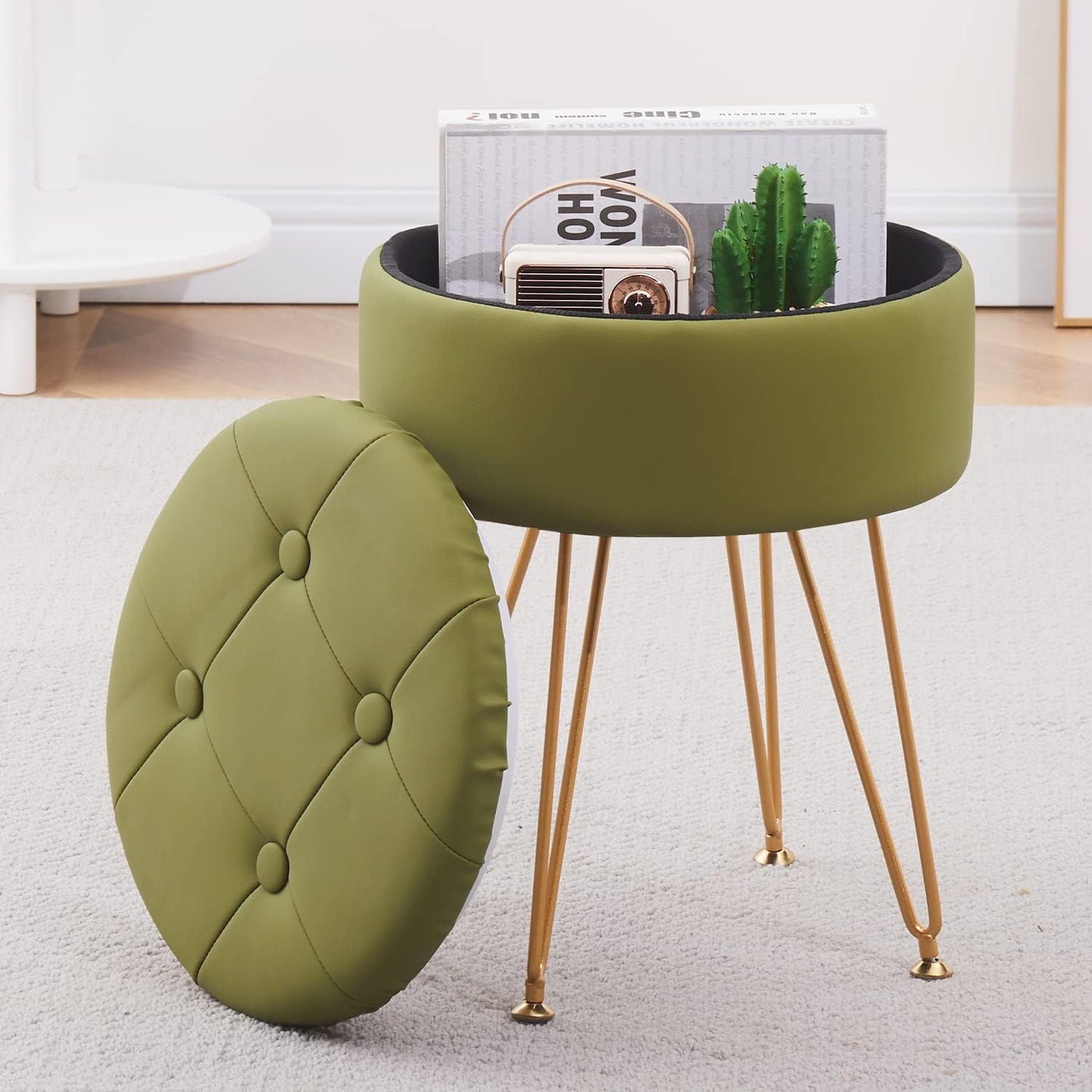 Cpintltr Faux Leather Storage Ottoman Round Footrest Stool Multifunctional Upholstered Ottoman with Metal Legs Modern Vanity Stools Tray Top Coffee Table Suitable for Living Room Bedroom Black