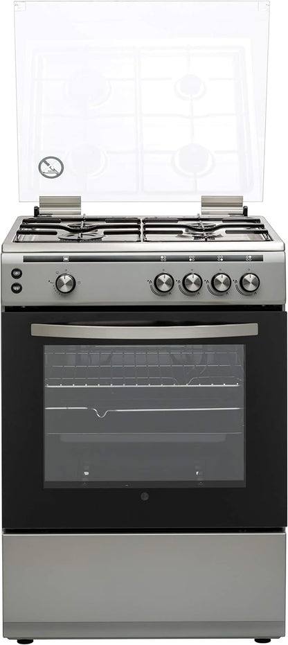 Hoover 60 X 60 Cm Full Gas Cooker And Grill, Full Safety Cooking Range With 4 Burners And Oven, Enamel Pan Support, Auto Ignition, Push Botton Knobs, FGC6060-S1V (Silver)