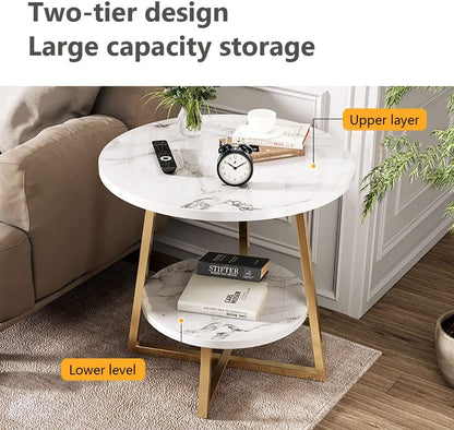 Round Coffee Table, Double Layer Sofa Side Table End Table, Imitation Marble Coffee Round Table Snack Table Bedside Table Nightstand with 2 Layer Storage for Living Room Small Space (H221-Black Top)