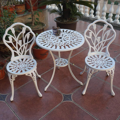 KAI LI Patio Bistro Sets 3 Piece cast Aluminum Patio Furniture Outdoor Garden Metal Rust Proof Tables and Chairs White bisrto Set (Big Tulip-White)