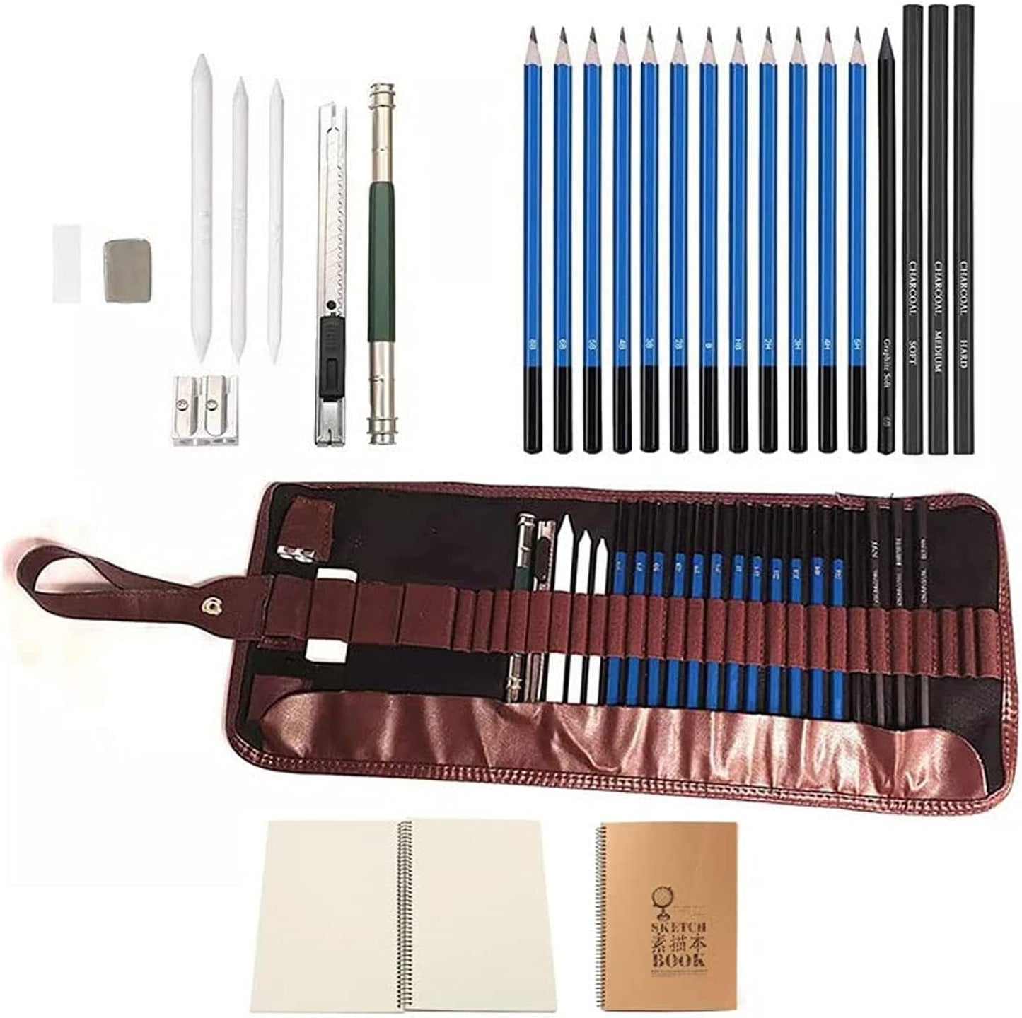 ColorBlocks 25 Pcs Sketch Set |Bonus Drawing Book| Charcoal Set | Roll Up Canvas Carry Pouch | Pro Art Supplies Kit | Drawing Pencils, Sharpeners, and Erasers