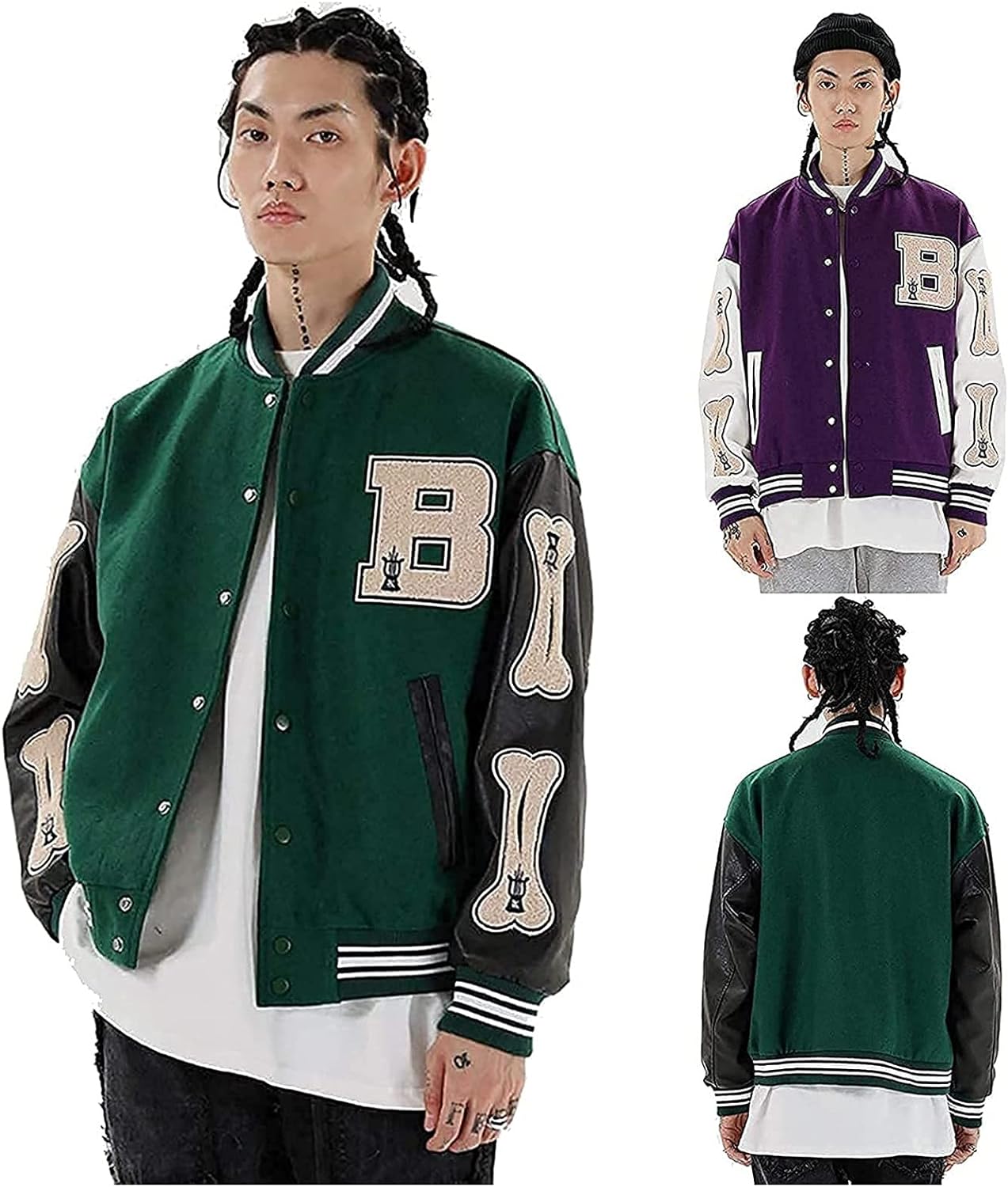 ZFLY Mens college baseball jacket, classic vintage oversized baseball uniform chic simple preppy style patchwork pilot jacket casual outerwear letter hip hop style coat, Green - XXL