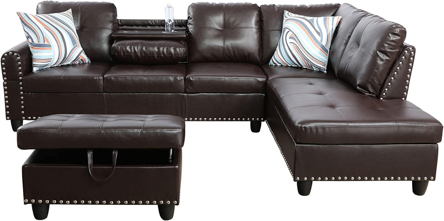 UBGO Sectional Living Room Furniture, L-Shape Couch with Ottomans and Chaise Lounge,Faux Synthetic Leather Nailhead Trim w/Cup Holders,3-Piece Sofa Set, Brown-B