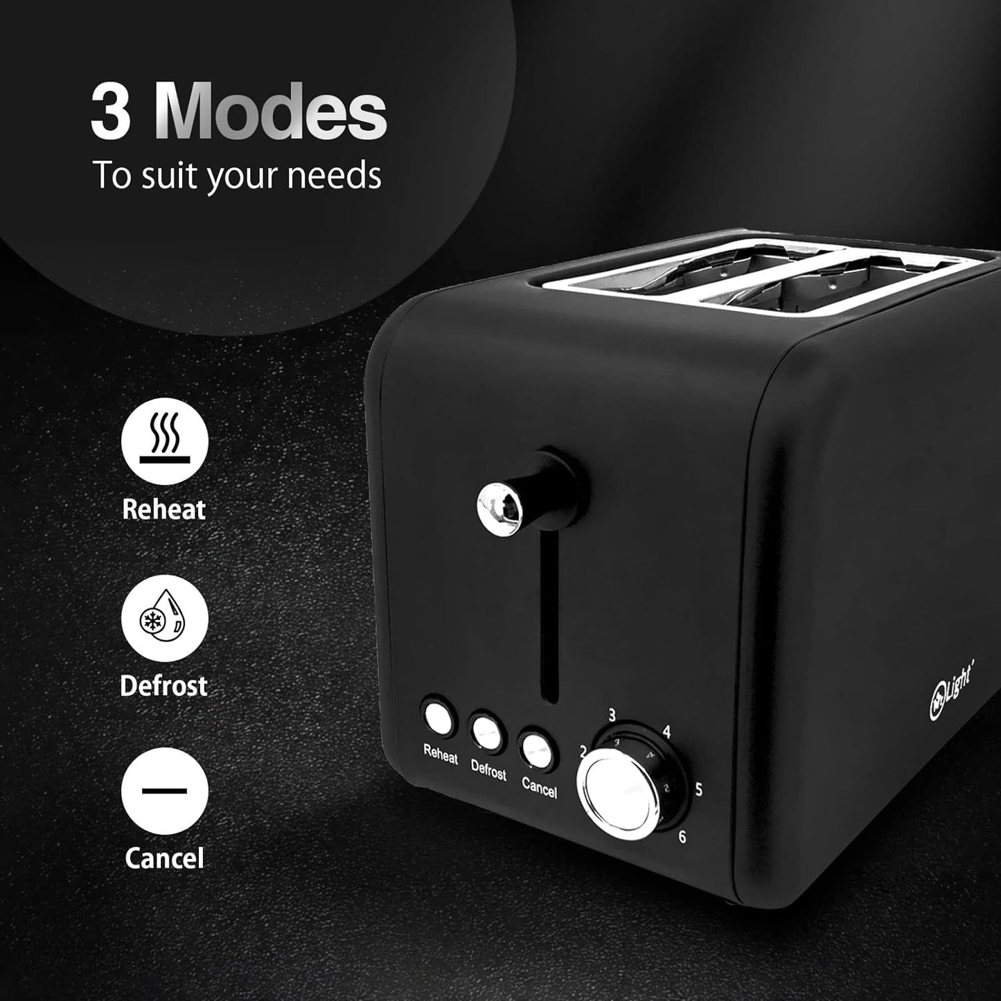 Mr Light Toaster, 2 Large Slots, Compact Electric Bread Toaster with 6 Toast Setting Defrost, Reheat, Cancel Functions, Removable Crumb Tray, Black Toaster (black), Mr.891