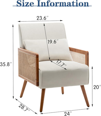 POINTANT Mid Century Velvet Accent Chair, Wooden Upholstered Leisure Armchair with Rattan Armrest, Modern Comfy Reading Accent Chair, for Living Room Bedroom Lounge Side Boho Club Chair, Beige