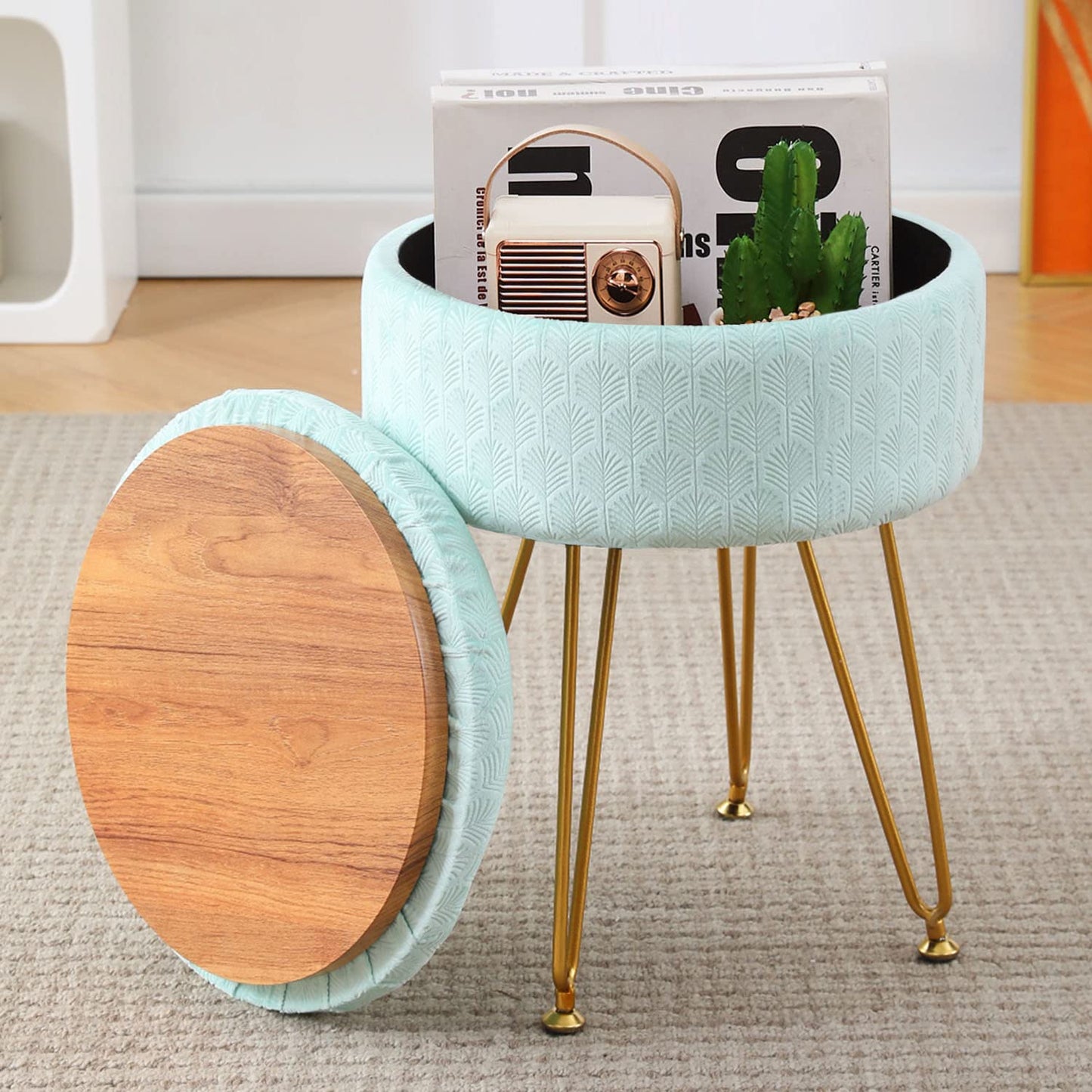 Cpintltr Footrest Footstools Round Velvet Ottoman with Storage Space Soft Vanity Chair with Memory Foam Seat Small Side Table Hallway Step Stool 4 Gold Metal Legs with Adjustable Footings Champagne