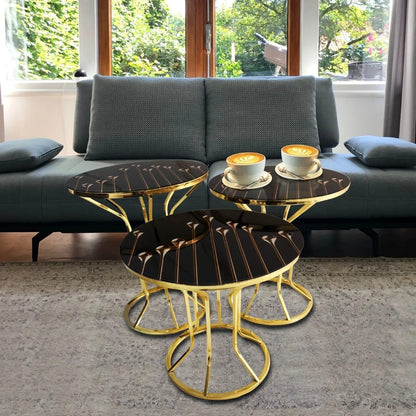 LHFHOMT- Round Coffee table set Nesting Coffee Table Set of 3 Pieces, Wooden Top, Gold Metal legs End Table Desk for Living Room, Balcony, Office, Sofa Side (White - Black Lines)