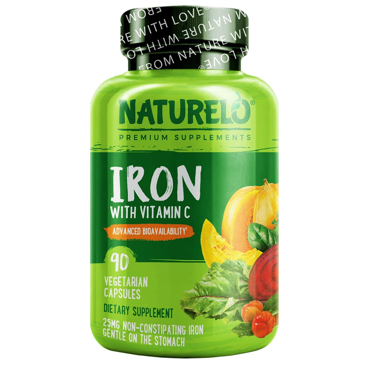 NATURELO Vegan Iron Supplement with Vitamin C and Organic Whole Foods - Gentle Pills for Women & Men w/Iron Deficiency Including Pregnancy, Anemia Diets 90 Mini Capsules