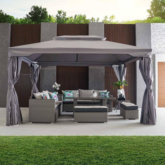 Danube Home Roma Gazebo Aluminum Frame With Polyester Roof | Rectangle Shape With Curtain And Net | Water And Uv Resistant Garden Patio Canopy | Modern Outdoor Furniture 3X4M - Grey