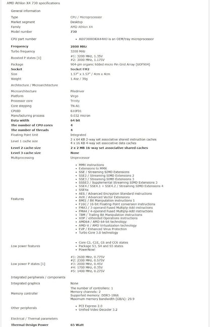 AMD Athlon X4 730 2.8 GHz Quad-Core CPU Processor AD730XOKA44HJ Socket FM2 NO FAN