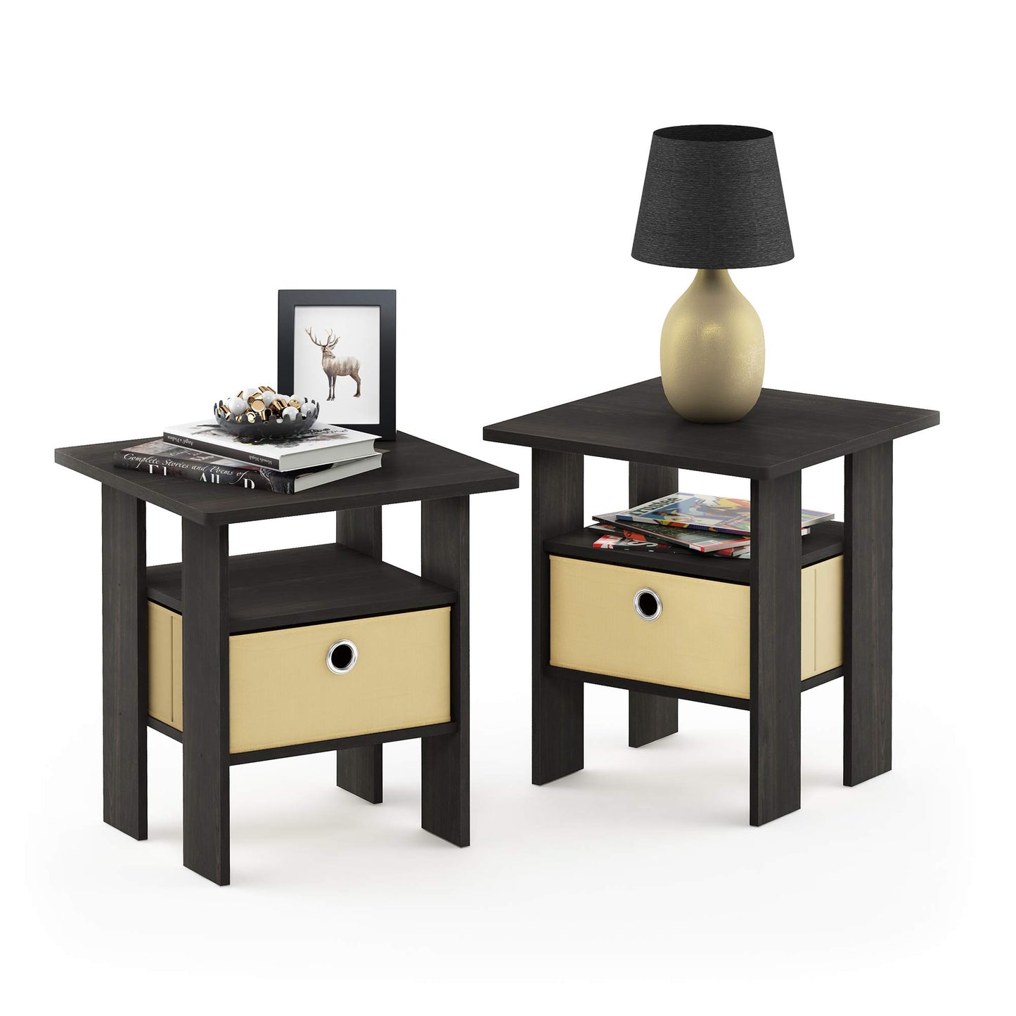 Furinno Andrey Set Of 2 End Table / Side Night Stand Bedside With Bin Drawer, Espresso