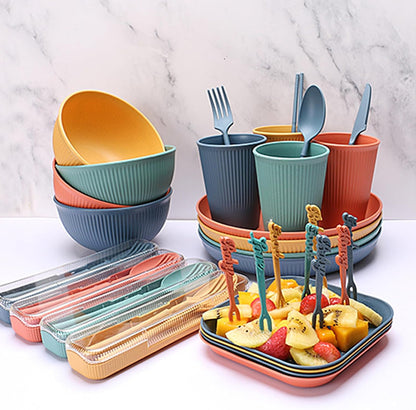 28-Piece Unbreakable Plastic Dinnerware Set - Lightweight, Colorful, and Durable Dining Set for Camping, Picnics, and More