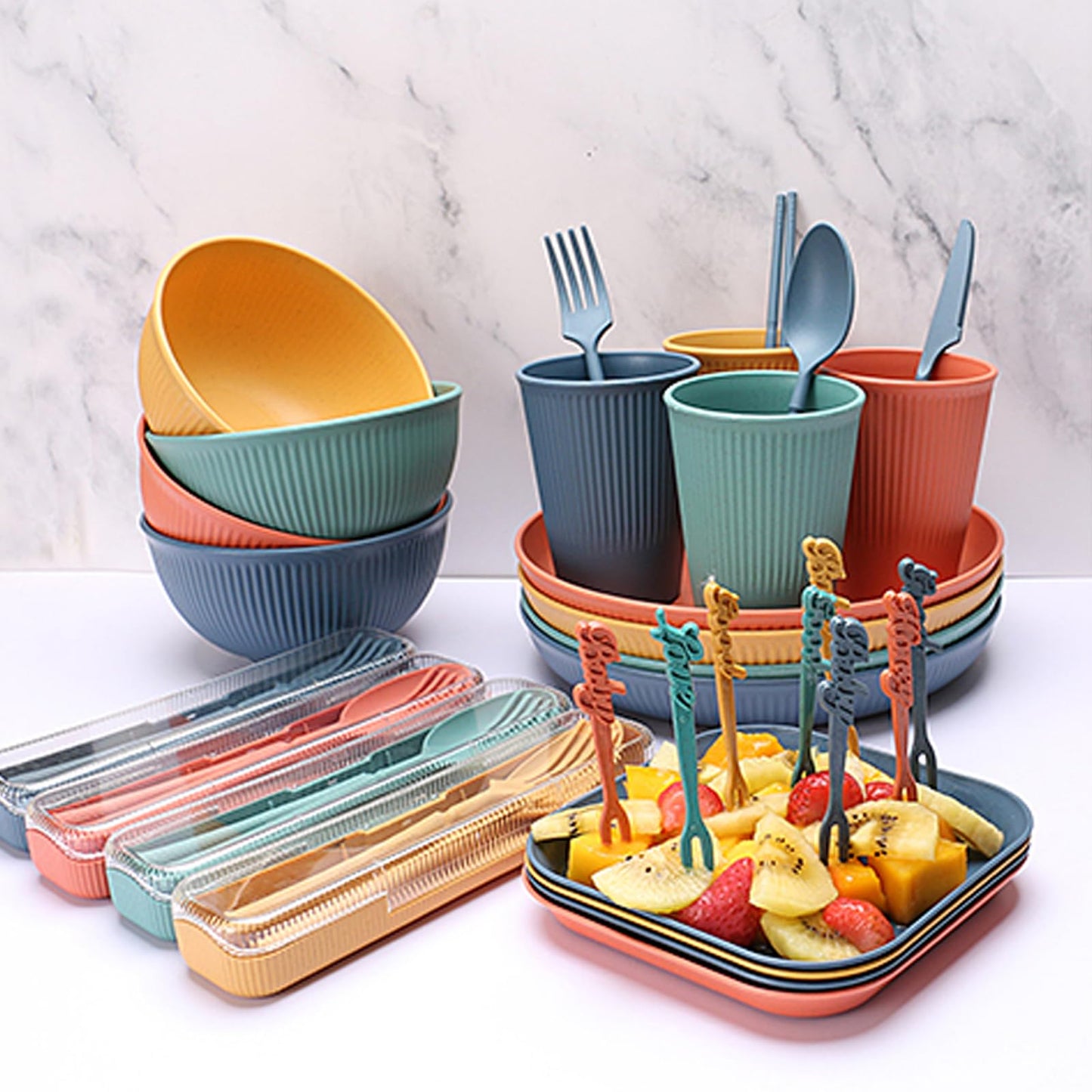 28-Piece Unbreakable Plastic Dinnerware Set - Lightweight, Colorful, and Durable Dining Set for Camping, Picnics, and More