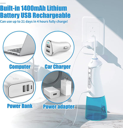 Water Flosser Cordless Dental Oral Irrigator - TUREWELL 300ML Portable and Rechargeable IPX7 Waterproof Teeth Cleaner, 2 Minutes Auto Shut-Off for Travel & Family Use