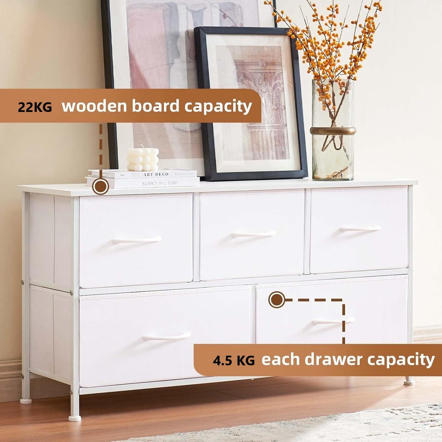 SKY-TOUCH Storage Cabinet : Bedroom Dresser with 5 Drawers Wide Storage Chest with Removable Fabric Bins Storage Organizer Unit for Living Room Entryway Hallway Nursery Kids Room (100*30*52CM White)