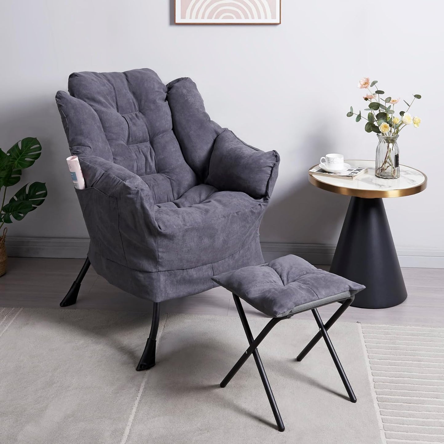 Panana Armchair Accent Chair Lazy Chair Lounge Chair with Armrests Fabric Leisure Sofa Chair with Footstool (Dark Grey)