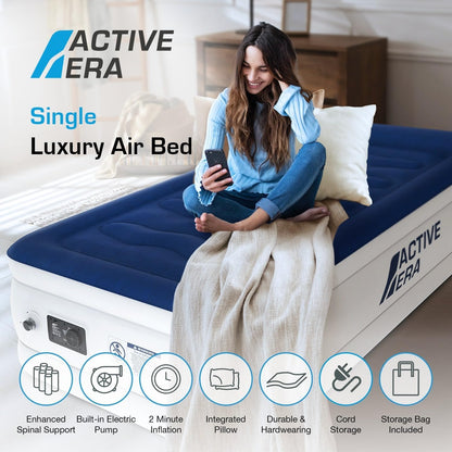 Active Era Luxury Single Size Inflatable Mattress - Elevated Air Mattress with Built-in Pump, Raised Pillow & Structured I-Beam Technology