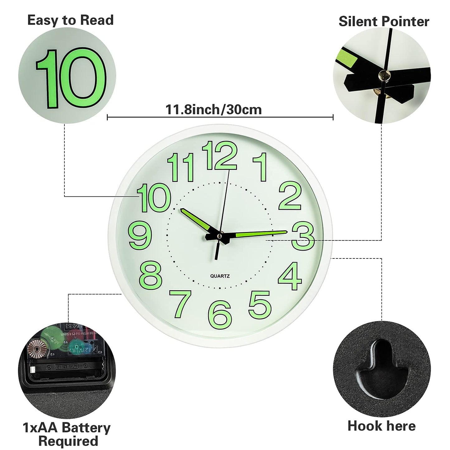 MOYSTAR Silent Non-Ticking Wall Clock - 12 Inches Luminous Clock Easy to Read, Battery Operated Quartz Modern Clock for Living Room Kitchen Bedroom Indoor Decor (White)