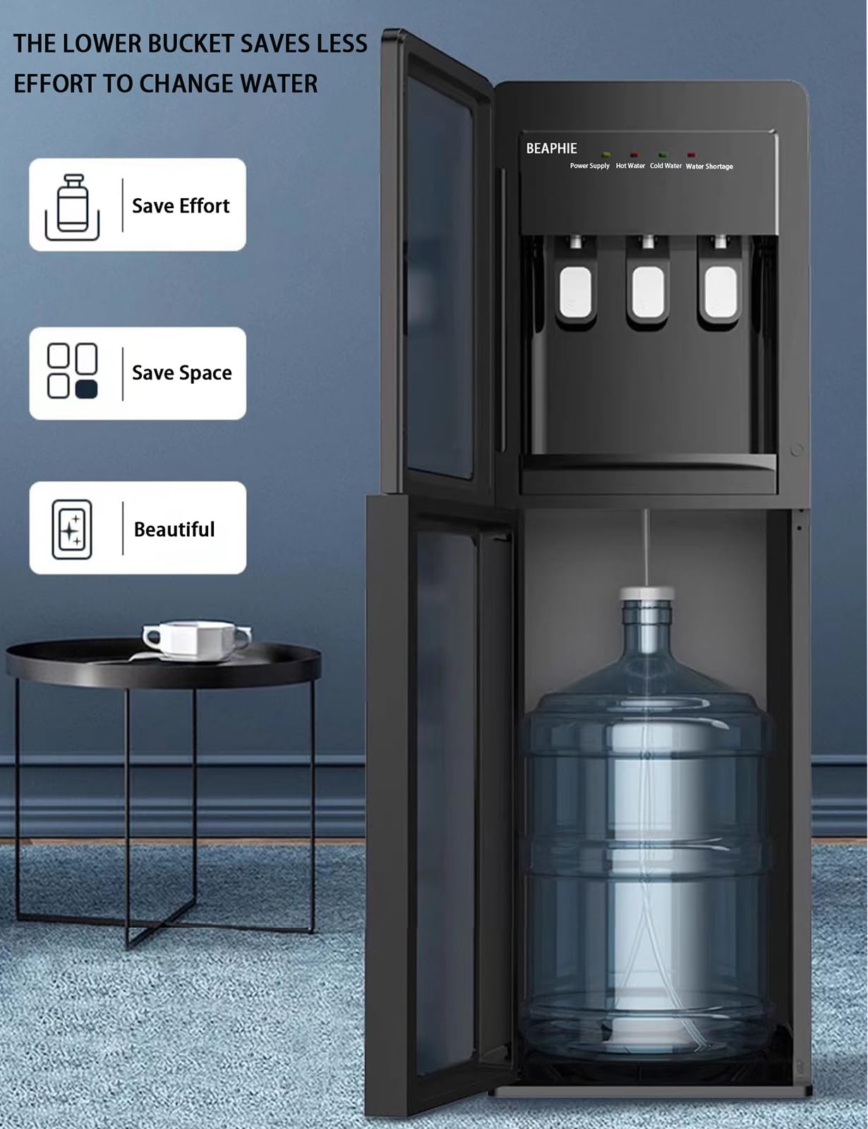 BEAPHIE Water Dispenser Bottom Loading, Cold water 6-8 °C, Compressor Refrigeration Hot And Normal Temperature, 3 Temperature Spouts Holds 3 & 5 Gallon Bottles, For Home Kitchen & Office