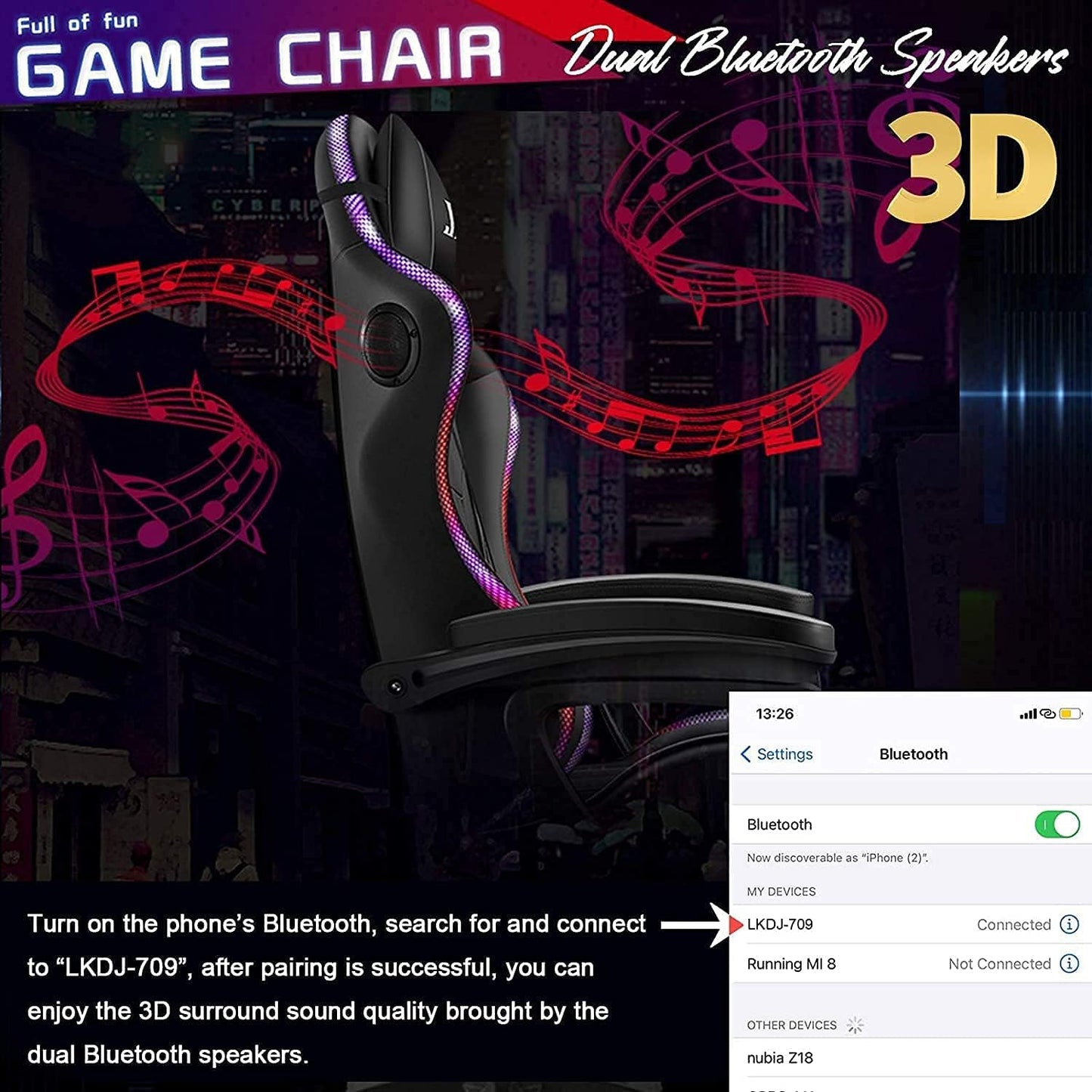 COOLBABY Gaming Chair LED Light Racing Chair,Ergonomic Office Massage Chair,Lumbar Support and Adjustable Back Bench,Bluetooth Speaker…