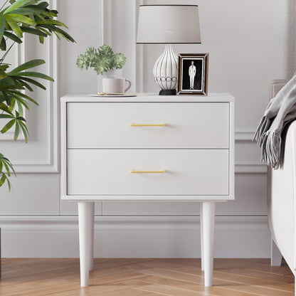 Smart FENDEE White Nightstand with 2 Drawers, 26" Tall Modern Bedside Table, Mid-Century Modern End Table, Wood Night Stand with Solid Wood Leg for Bedroom, Office