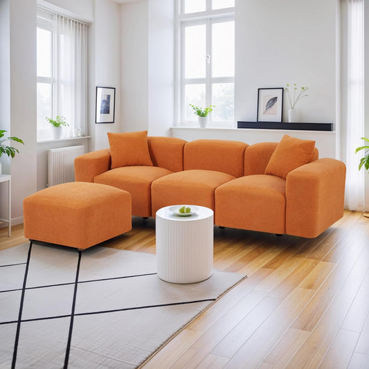Fangflower L-Shaped Sectional Sofa with Teddy Fabric Reversible Ottoman, Sherpa Futon Couch with 2 Pillows for Living Room Apartment, 94 inch, Orange