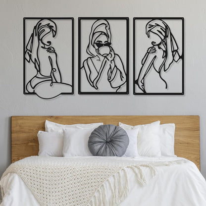 CHENGU 3 Pieces Metal Minimalist Abstract Woman Wall Art Line Drawing Wall Art Decor Single Line Female Home Hanging Wall Art Decor for Kitchen Bathroom Living Room (Black, Hand)