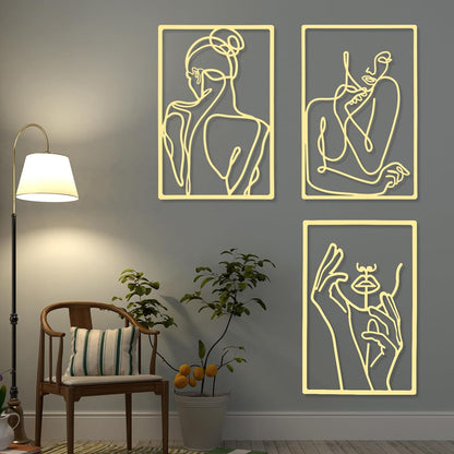 CHENGU 3 Pieces Metal Minimalist Abstract Woman Wall Art Line Drawing Wall Art Decor Single Line Female Home Hanging Wall Art Decor for Kitchen Bathroom Living Room (Black, Hand)