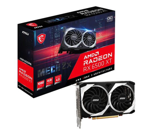 MSI VGA Radeon RX 6500 XT MECH 2X4G OC Gaming Graphics Card, 64-bit Memory, PCI Express 4.0 x4, 18 Gbps Memory Speed, 7680 x 4320 Maximum Resolution - Black