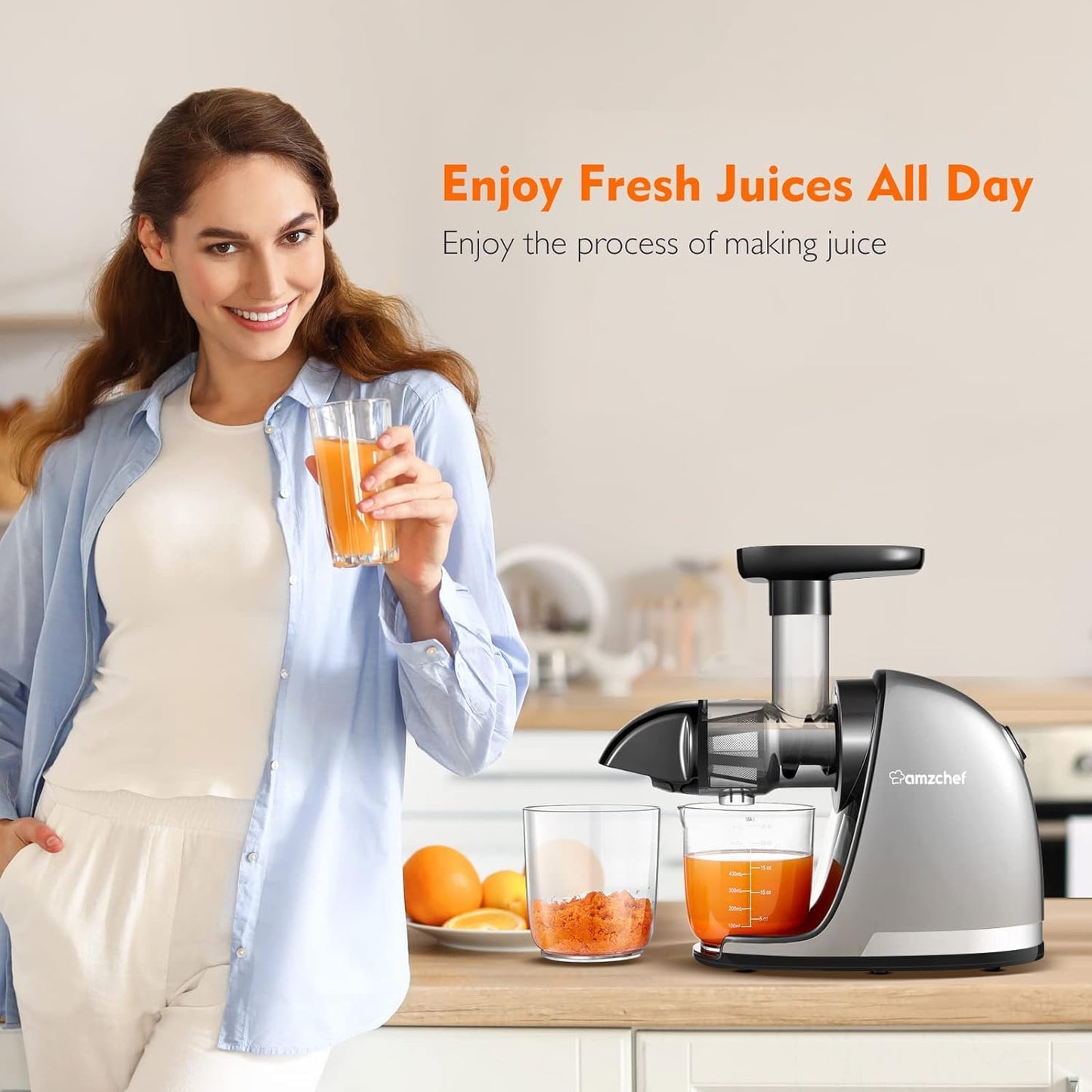 AMZCHEF Juicer Machines - Cold Press Slow Juicer - Masticating Juicer for Whole Fruits and Vegetables - Delicate Chew No Need to Filter - BPA Free Juice Extractor with 2 Cups and Brush - Grey