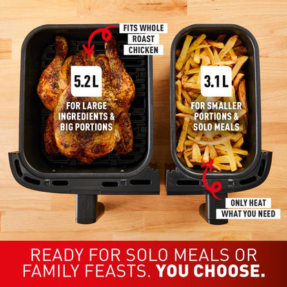 TEFAL Air Fryer | Dual Easy Fry | 8.3 L | Dual Drawers |Complete Family Meal |7 Pre-Set Programs | Dishwasher-Safe Parts | Dedicated App | 2 Years Warranty | EY901840 | Online Exclusive