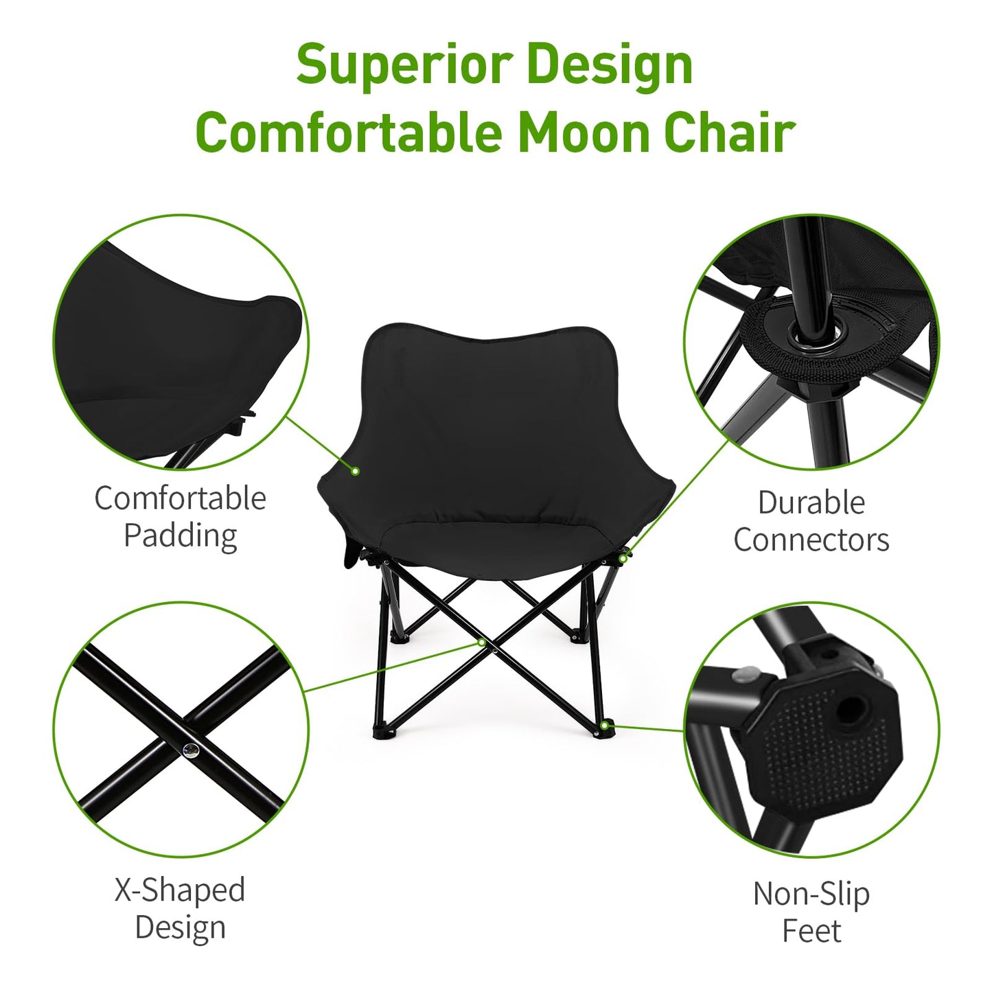 Rollingsurfer Folding Moon Chair, Portable Lightweight Camping Chair with Side Pocket, Foldable Backpacking Chair Ultra Durable for Outdoor Hiking Beach Travel with Carrying Bag, Supports up to 300LBS