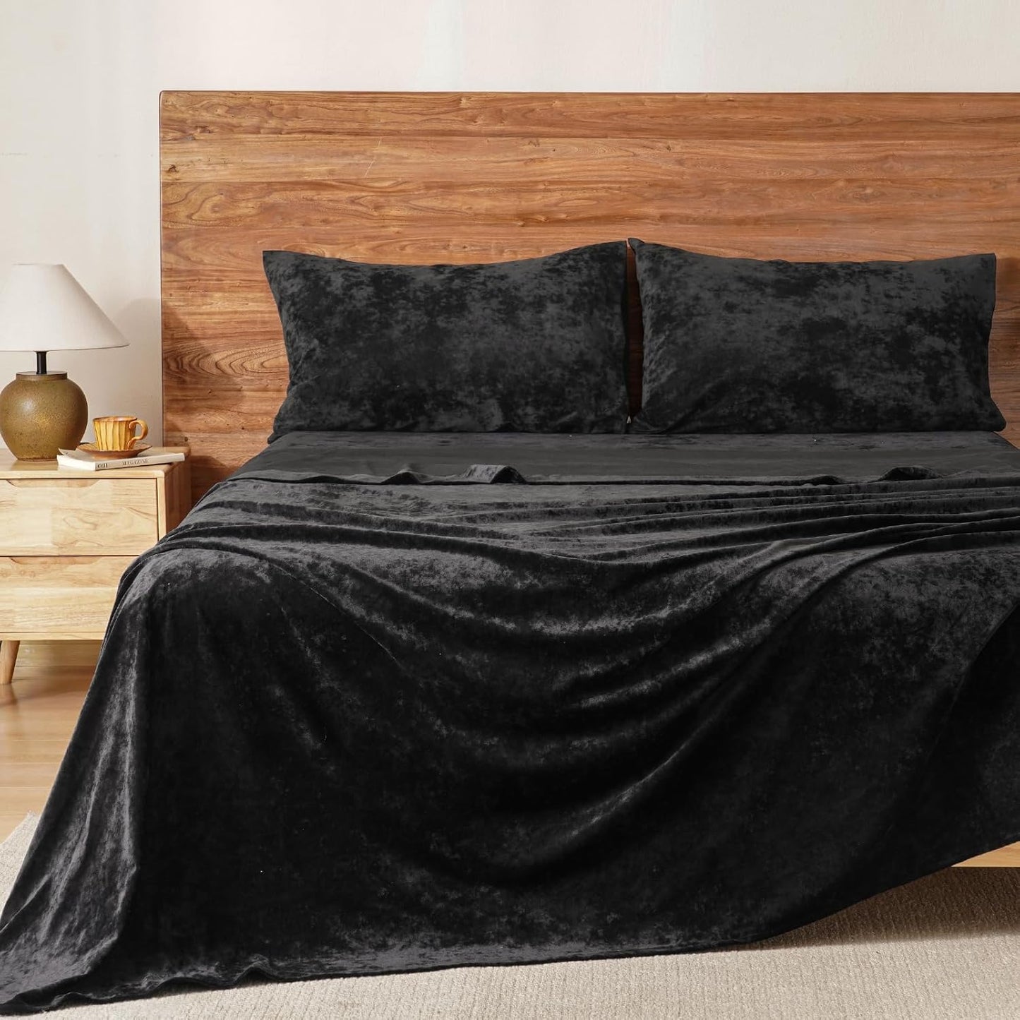 PHF 4-Piece Truly Velvet Sheet Set Queen Size, Luxury Cozy Warm Sheets Set for Fall & Winter, Non Pilling Fuzzy Flannel Fleece 15" Deep Pocket Sheet Set, Black