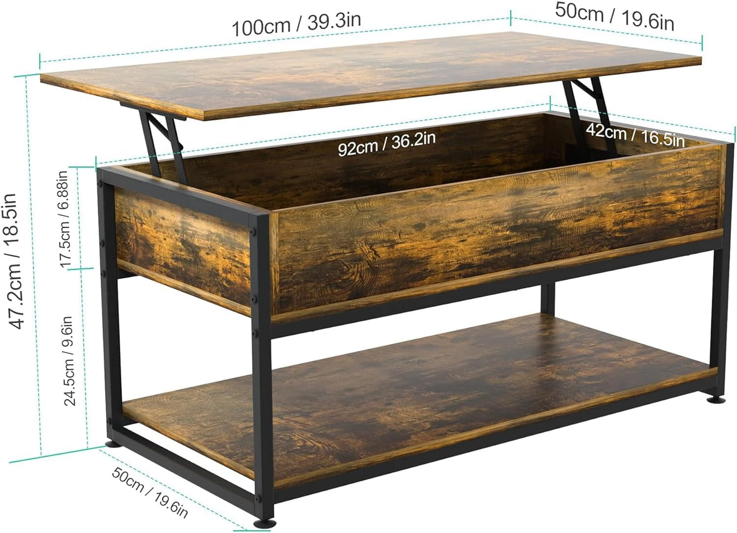 Lift Top Coffee Tables for Living Room, Industrial Wood Storage Shelf Cabinet for Living Room Reception Room Office Coffee Table with op-Up Storage, Open Shelf Rising Center/End Table for Living Room