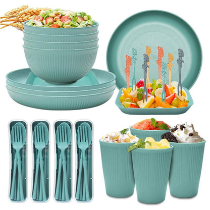 28-Piece Unbreakable Plastic Dinnerware Set - Lightweight, Colorful, and Durable Dining Set for Camping, Picnics, and More