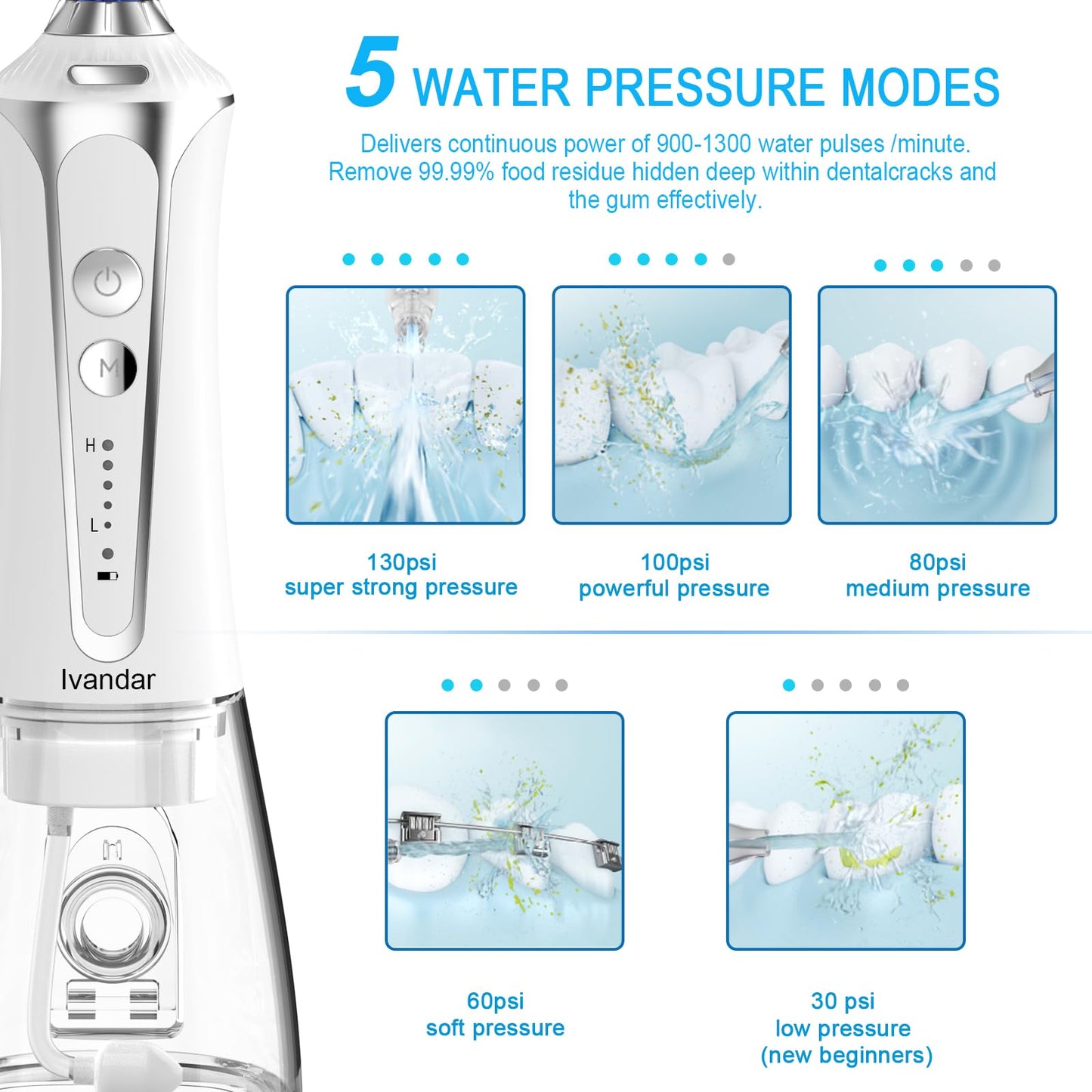 Dental Flosser, Oral Irrigator for Teeth with 5 Pressure Level, 6 Replaceable Jet Tips,IPX7 Waterproof, Portable,and Rechargeable Teeth Cleaner for Home&Travel -330ml Detachable Reservoir-White