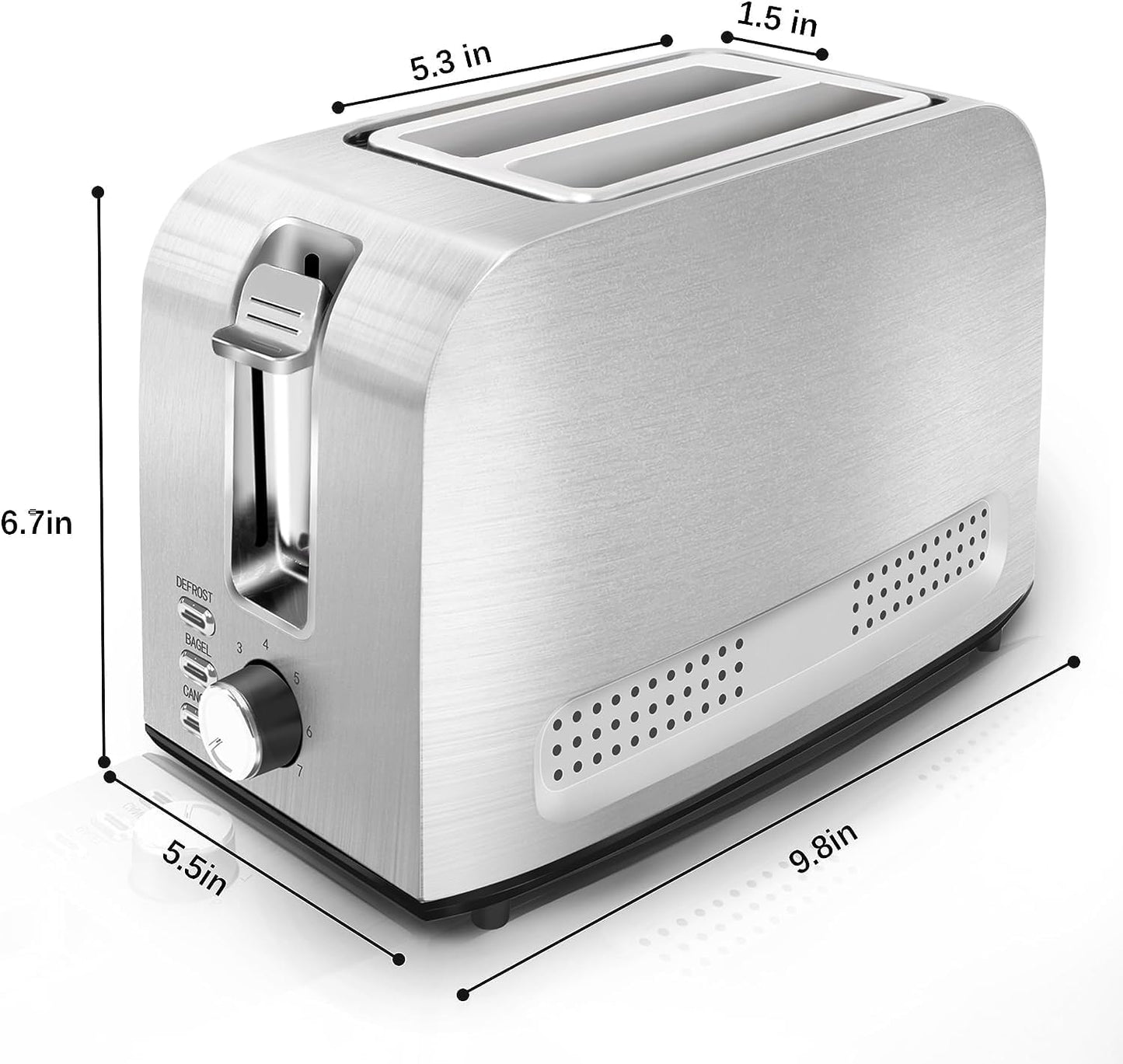 Toaster 2 Slice, Stainless Steel Bread Toasters, 7-Shade Settings, Reheat, Defrost, Cancel Function, with Removal Crumb Tray