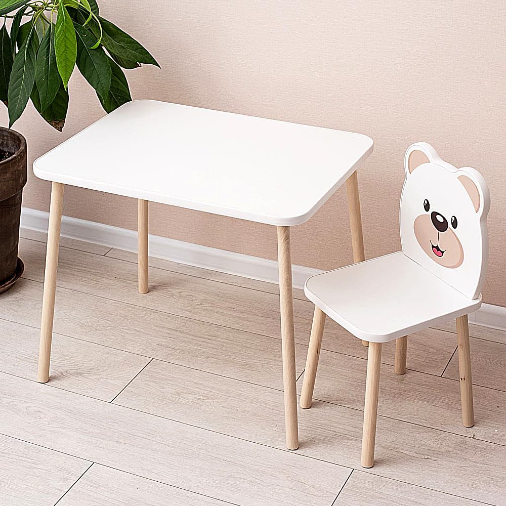 135- Kids Wooden Table and Chair Set Kids Play Table with 1 Chair 1 Pieces Kids Round Table for Toddler Girls Boys White Kids Furniture for Kids Room Classroom White