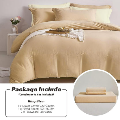 UCHUANG Duvet Cover Set Queen Size 4 Pcs, Include 1 Quilt Cover 200 x 230cm & 2 Pillow Cases 48 x 74cm & 1 Bedsheet 235 x 250cm, Super Soft Quality Cotton Bedding Set, NO Comforter - Milk Tea Cheese